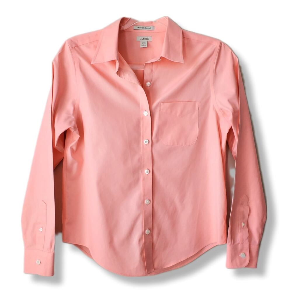 LL Bean Women Wrinkle Resist Salmon Pink Shirt XXS Preppy Career Coastal Crisp